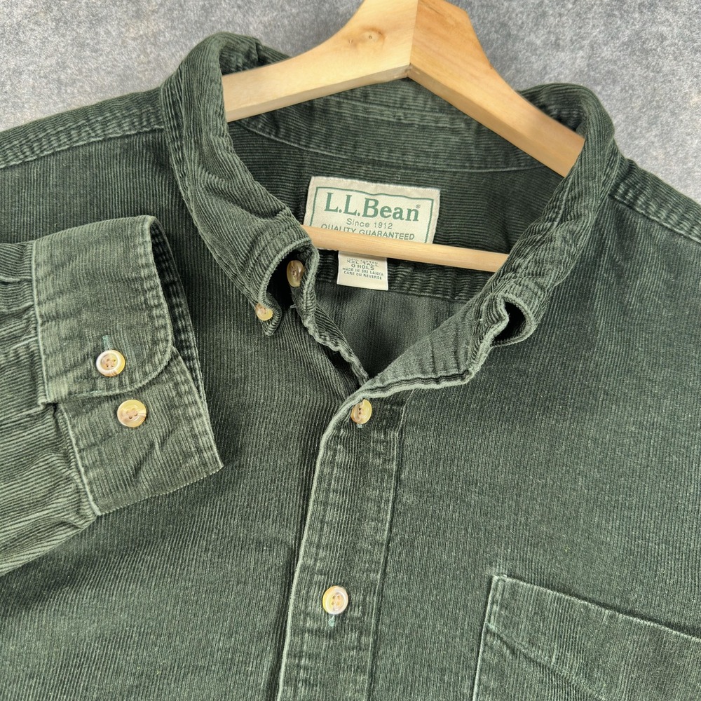 L.L.Bean Shirt Mens 2XLT Green Corduroy Long Sleeve Button Front Casual